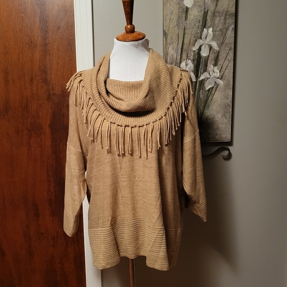 Chico's Tan Cowl Neck Sweater Fringe Large 2